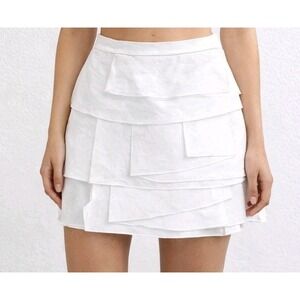 BCBG Max Azria Mini Skirt Women's 10 Ruffle Tiered Side Zip Lined Stretch White